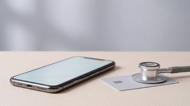 modern smartphone with stethoscope resting on payment card symbolizing digital healthcare consultation and contactless medical services - Powered by Adobe