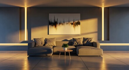 A modern living room with a gray sofa, a painting, and warm lighting on the walls and the floor