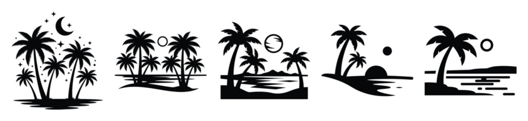 Obraz premium Set of palm beach night vector icon in silhouette design. summer design concepts.