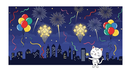 City Fireworks Celebration: A whimsical display of vibrant fireworks paints the night sky above a cityscape, celebrating a joyous occasion with colorful balloons and confetti.