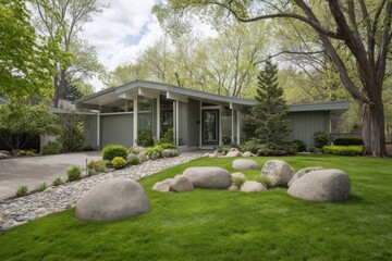 Fototapeta premium A contemporary house featuring sleek architectural design is beautifully nestled in a lush green landscape adorned with trees and rocks, illuminated by daylight in a peaceful suburban neighborhood