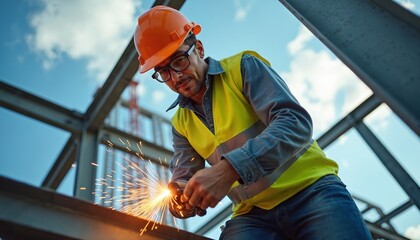 Man welding steel beams on site wears safety hardhat glasses. Pro ironworker welds metal construction beams. Construction worker works with welding machine on a new build structure. Industry concept.