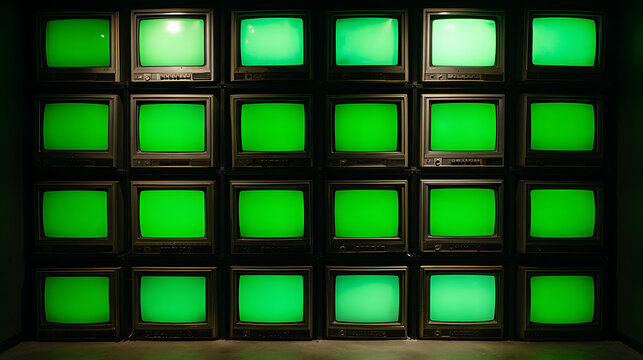 A striking display of old TVs stacked together, each screen glowing with a vibrant green. The retro tech creates a mesmerizing visual effect.  #vintage #retro #technology #green