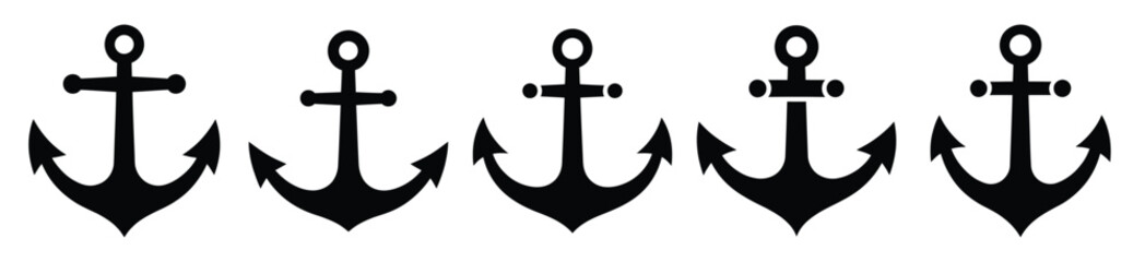 Set of sea anchor vector icon in silhouette design. summer design concepts.
