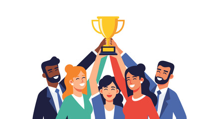Title: Diverse Team Holding Trophy Together Celebrating Success