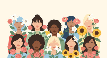 Diverse Women with Flowers Celebrating Female Empowerment