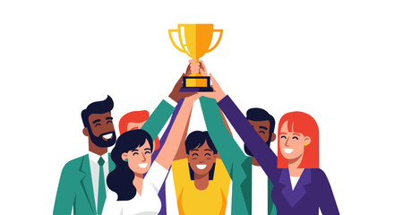Title: Diverse Team Holding Trophy Together Celebrating Success