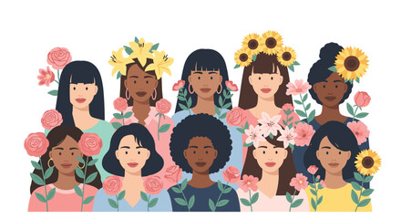 Diverse Women with Flowers Celebrating Female Empowerment