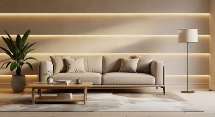 Living room with beige sofa coffee table floor lamp and plant against illuminated wall panels