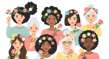 Diverse Women with Flowers Celebrating Female Empowerment