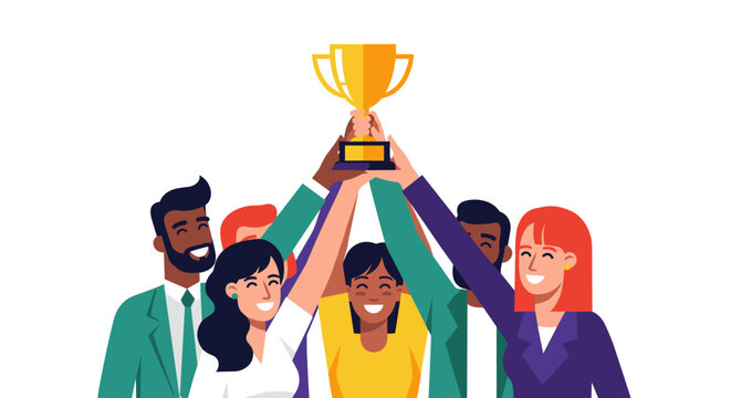 Title: Diverse Team Holding Trophy Together Celebrating Success