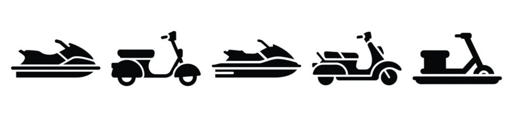 Set of water scooter vector icon in silhouette design. summer design concepts.