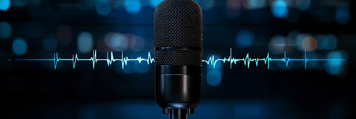 Sleek microphone displays soundwave visual in dark space Generative AI