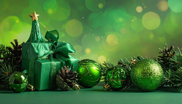 dornos navide&ntilde;os verdes, una peque&ntilde;a caja de regalo envuelta y ramas de abeto iluminadas c&aacute;lidamente en primer plano. El fondo desenfocado con luces bokeh verdes crea una atm&oacute;sfera navide&ntilde;a acogedora.