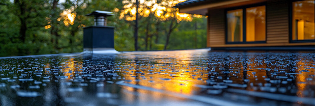 Flat roof with bitumen layer and silver finish at sunset Generative AI