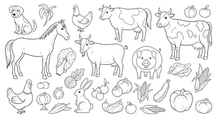 Naklejka premium Farm animals and produce in linear style: horse, cow, chicken, goat, harvest elements