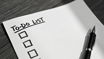 Blank paper shows To-Do List heading, empty checkboxes. Sleek black pen rests nearby, ready for new task entries. Simple setup promotes daily planning, task organization, goal setting, time