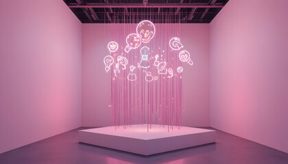 Stunning modern art installation features glowing neon idea icons floating above pink suspended lines in gallery