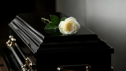 White rose placed on polished black coffin during memorial service  