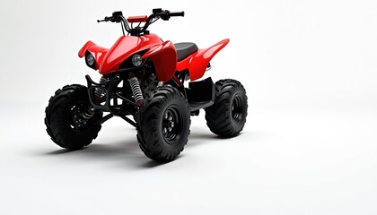 Red quad bike stands on white. All terrain vehicle is isolated. Motorbike with four wheels is new. Extreme adventure transport vehicle is clean.