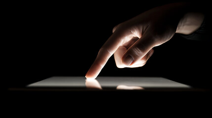 Illuminating touch: a finger glides across a glowing screen. This sleek device shines brightly against the stark darkness, creating a contrast. Technology at your fingertips.