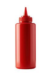 A glossy fire-engine red plastic squeeze bottle for ketchup or chili isolated on a white background with dramatic lighting. Concept for food packaging and branding