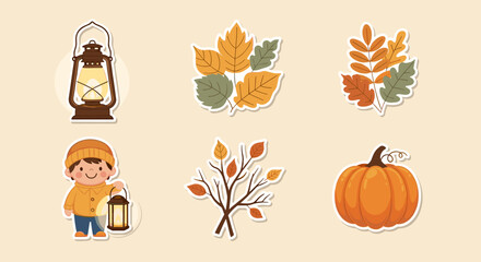 Autumn stickers set with lantern, leaves, pumpkin, and child in orange outfit