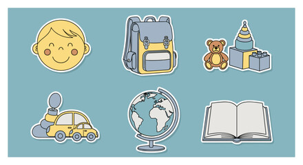 Playful kids theme: backpack, toys, globe, and more in flat cartoon style