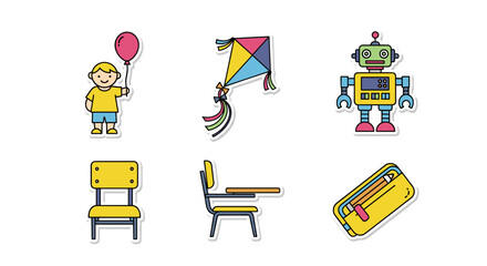 Playful icons: child, kite, robot, school chair, and pencil case in colorful cartoon style