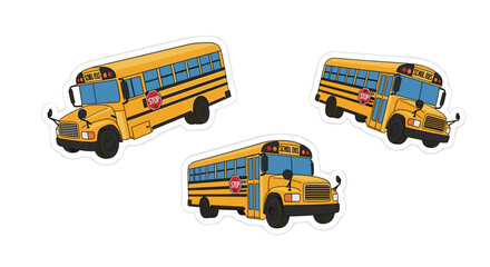 Colorful school bus sticker set with cartoon style for kids and education themes