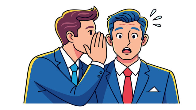 Man whispers a shocking secret into another man's ear, causing surprise and concern.
