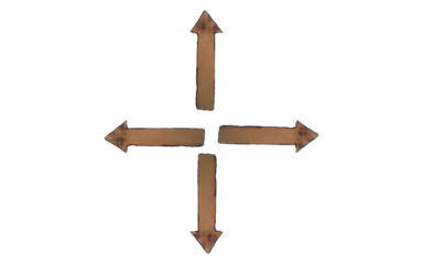 Wooden arrows pointing in cardinal directions form a cross shape isolated on transparent background