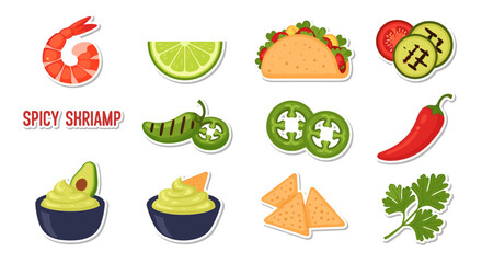 Delicious mexican food icons featuring tacos, peppers, and avocado in colorful cartoon style