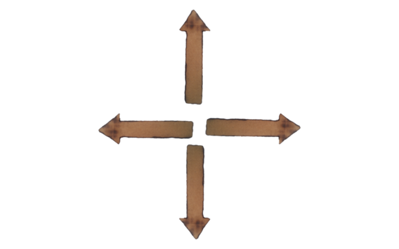 Wooden arrows pointing in cardinal directions form a cross shape isolated on transparent background - Powered by Adobe