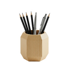 Minimalist maple wood pencil holder with black pencils and a silver pen isolated on a transparent background. Concept for professional office supplies