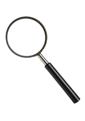 Classic magnifying glass with a bronze frame and black handle isolated on a transparent studio background. Concept of precision and detailed investigation.