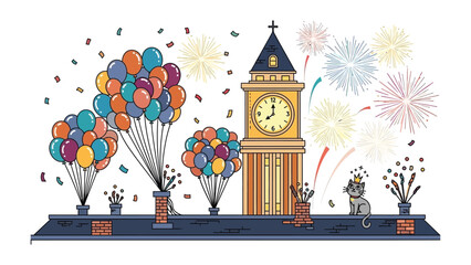 Festive Celebration: Animated illustration of a joyous scene with a tall clock tower, colorful balloons, and vibrant fireworks, celebrating an event.