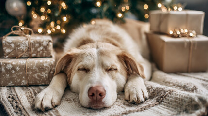 Cute dog sleeping beside neutral gift boxes and soft Christmas tree lights, cozy lifestyle scene.