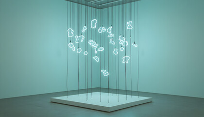 Fototapeta premium Stunning contemporary neon light installation floats mysteriously in a minimalist gallery space with cool blue ambiance