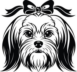 Cute Dog Head Vector Illustration. Black and White Portrait of a Puppy with a Bow Tie Grooming Style.