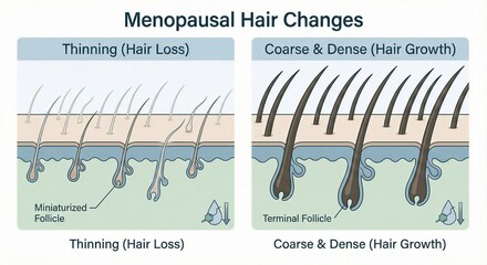 Scientific diagram illustrating the effect of menopause on hair follicles, showing the change from thinning hair loss to coarse dense hair growth.