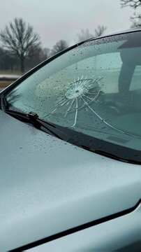 Car with shattered windshield after a road incident, showing damage and water droplets on the glass, close up footage.