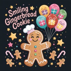 Gingerbread Cookie Chef with Balloons and Gifts chef hat