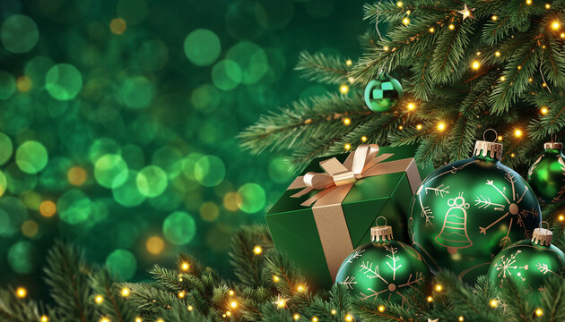 dornos navide&ntilde;os verdes, una peque&ntilde;a caja de regalo envuelta y ramas de abeto iluminadas c&aacute;lidamente en primer plano. El fondo desenfocado con luces bokeh verdes crea una atm&oacute;sfera navide&ntilde;a acogedora.