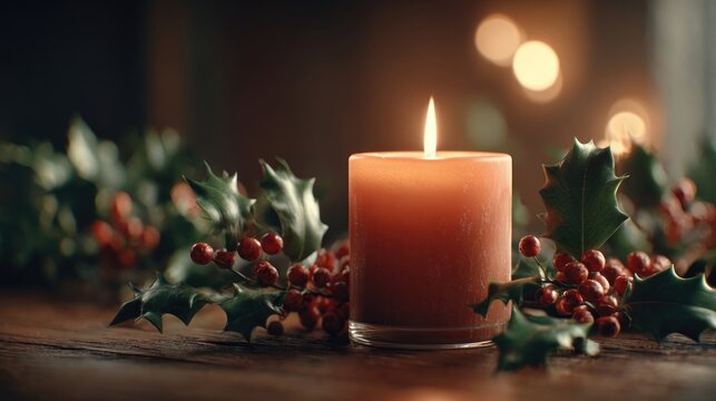 A close-up of a burning bayberry candle next to a sprig of holly,