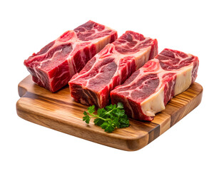 Fototapeta premium Raw beef ribeye steak on a wooden board with parsley isolated on transparent background
