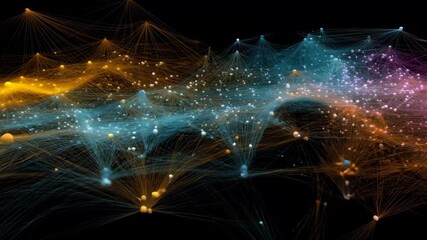 Colorful abstract network visualization showing interconnected dots and lines representing data flow and complexity in technology