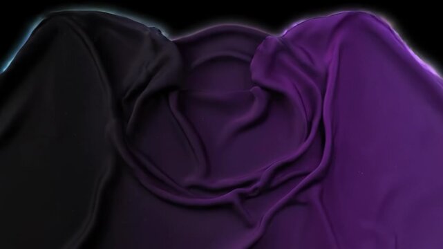 A vibrant nebula in space is gradually covered by flowing purple fabric. Dark, silky cloth elegantly conceals the cosmic spectacle, revealing rich textures.