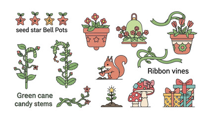 Floral Garden Elements: A collection of various floral and plant-related elements, like pots, stars, gifts, and a squirrel, offers diverse options for designs and embellishments. © Rahimatul