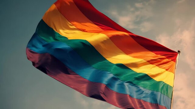 Vibrant pride flag waving high against a clear blue sky during a celebration of love and acceptance